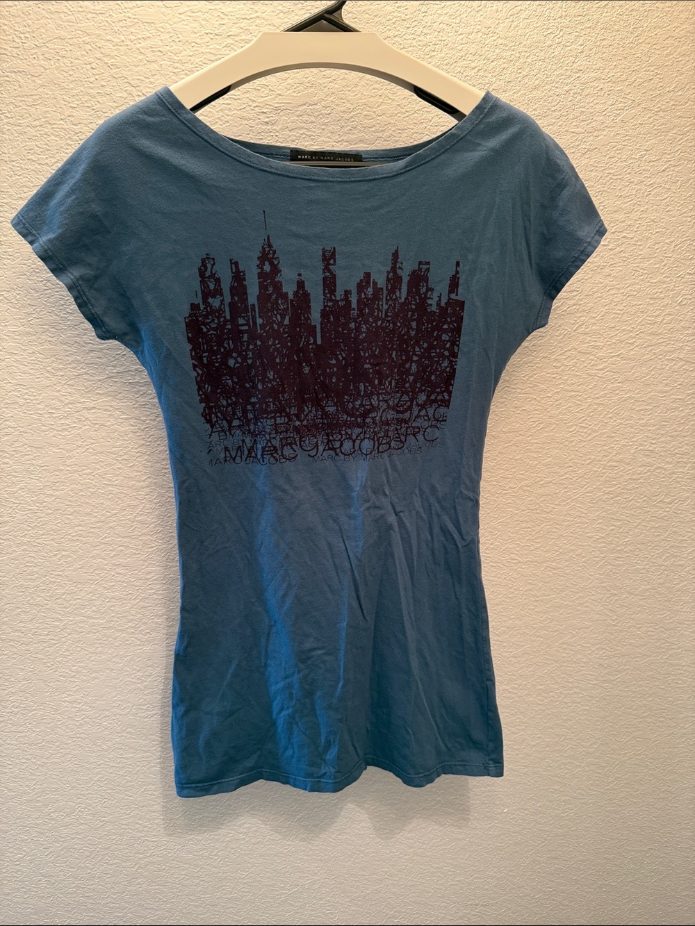 Marc Jacobs Teal Blue Scoop Neck Graphic Tee